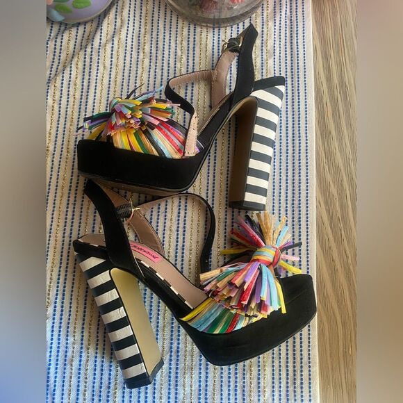 BETSEY JOHNSON 1970s Style Striped Pom Pom Platform Heels size 5.5 - Picture 1 of 16
